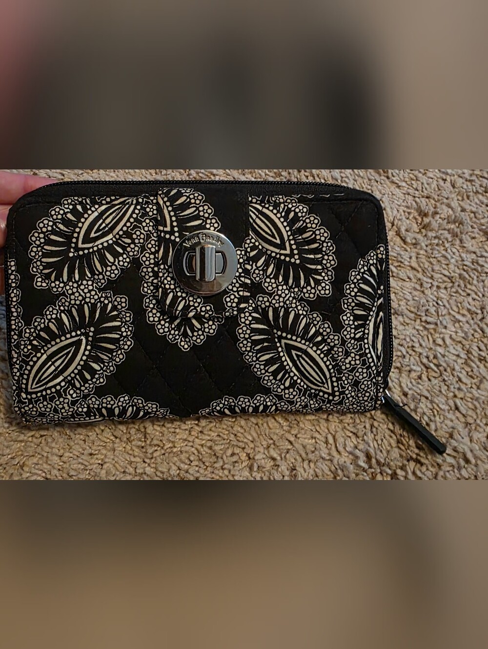 Vera Bradley Black Quilted Wallet with Cream Floral Motif